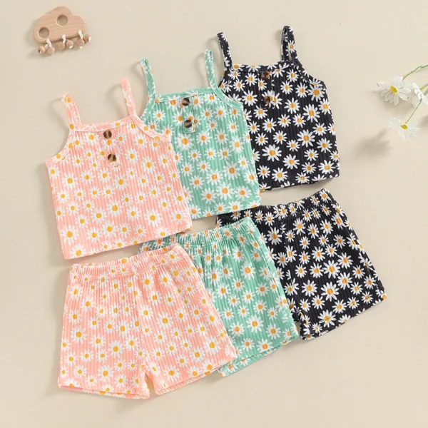 Pudcoco Kids Baby Girls Summer 2 Piece Outfits Daisy Print Sleeveless Camisole Elastic Shorts Set Fashion Cute Clothes 1-5T