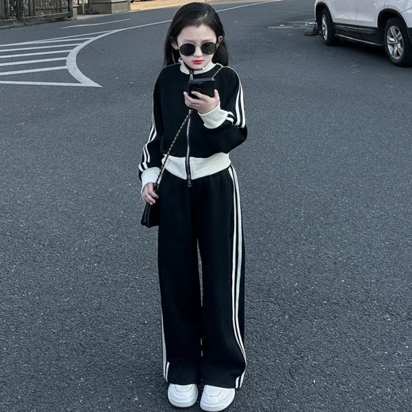Autumn Children Girls Clothes Set Teenage Striped Pullover Top & Pants Bottom 2pcs Kid Sweatshirts Fashion Black Tracksuits